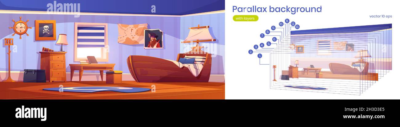 Schlafzimmer für Jungen in Piraten-Themen mit Schiffsbett, Kapitäns-Porträt und Totenkopf-Bild an der Wand. Vector Parallax Hintergrund mit Cartoon-Innenraum von leeren Kinderzimmer mit Spyglass und Lenkrad Uhr Stock Vektor