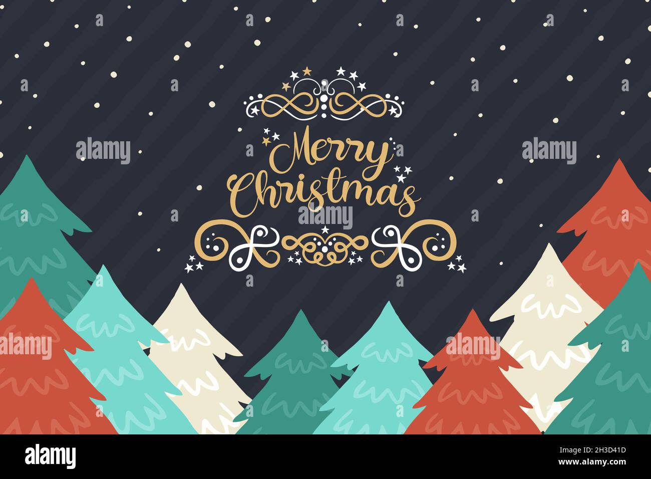 Frohe Weihnachten Grußkarte Illustration von bunten Kiefernwald in handgezeichneten Stil. Weihnachten Cartoon-Design für Jahreszeiten Grüße oder Party invita Stockfoto