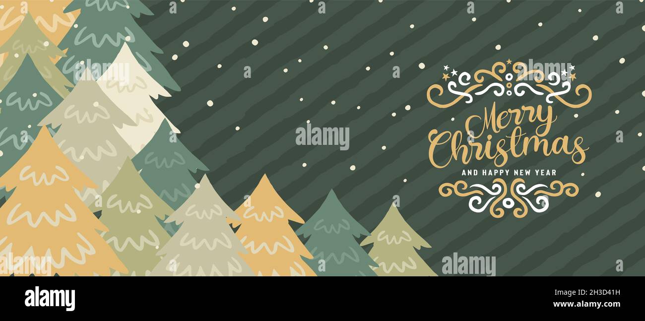 Fröhliche Weihnachten Web-Banner Illustration von festlichen Kiefernwald in handgezeichneten Stil. Weihnachten Cartoon-Design für Jahreszeiten Grüße oder Party-Einladung Stockfoto