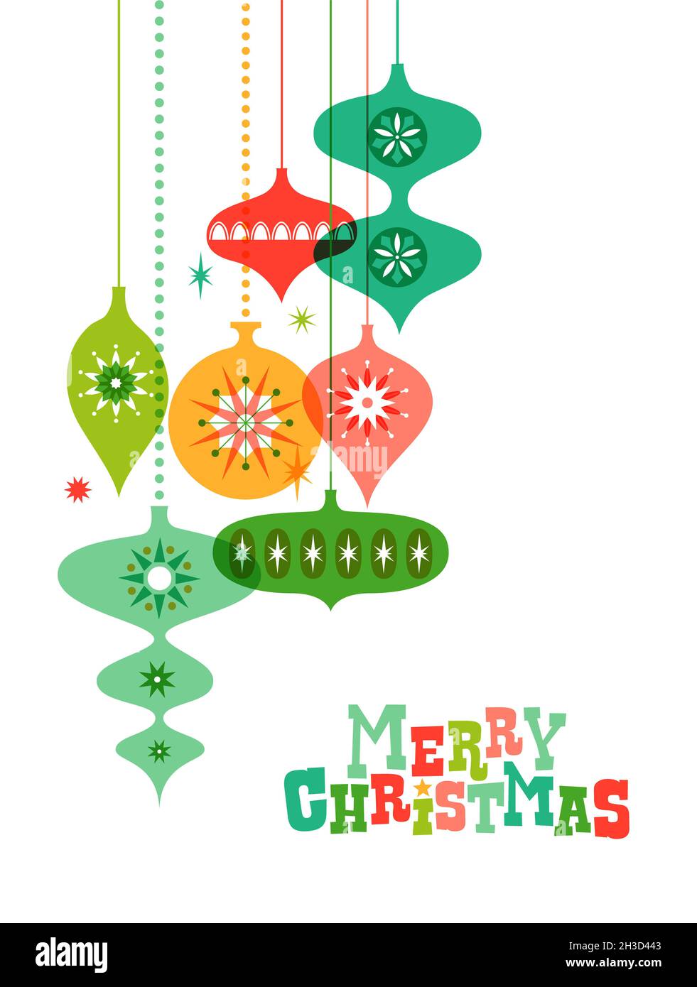 Frohe Weihnachten Grußkarte Illustration von bunten Retro-Kugel Ornament. Vintage Mitte des Jahrhunderts Stil Dekoration Design für Weihnachten Feier. Stockfoto