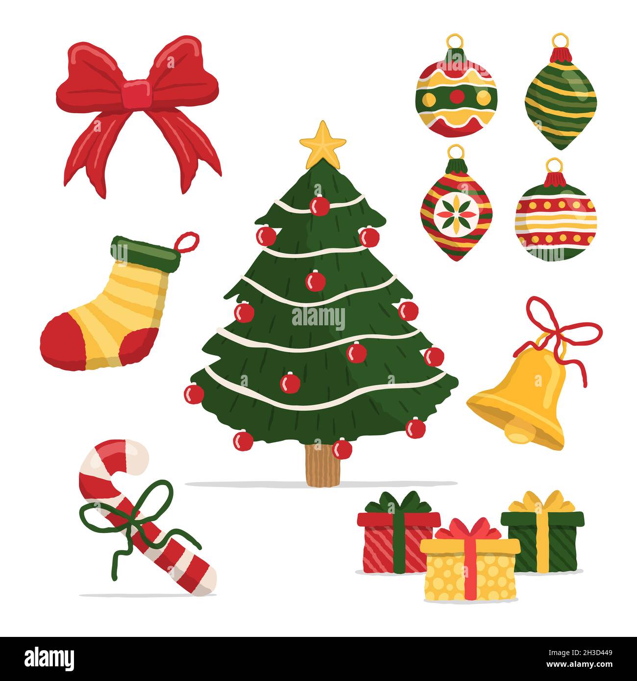 Frohe Weihnachten Ornament Dekoration auf isoliertem weißem Hintergrund gesetzt. Die Cartoon-Element-Kollektion für den Winterurlaub umfasst Kiefer, Geschenkbox und Süßigkeiten Stockfoto