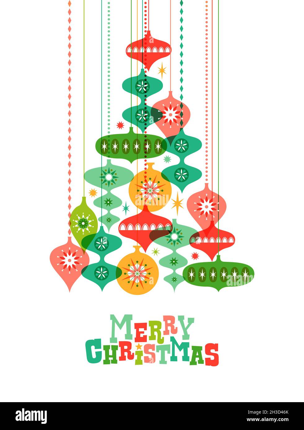 Frohe Weihnachten Grußkarte Illustration, bunte Ornament Dekoration in Kiefernform mit Retro Mitte Jahrhundert Stil Schneeflocken Kugeln. Frohes Wint Stockfoto