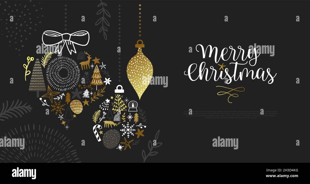 Frohe Weihnachten Web-Vorlage Illustration von Gold handgezeichneten Winter Urlaub Dekoration in Kugel Ornament Form. Luxuriöses Doodle-Design für Online-Party Stockfoto