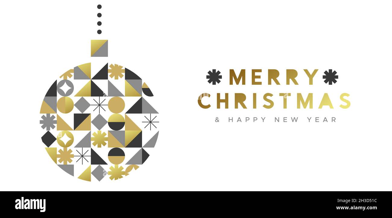 Frohe Weihnachten Frohe Neujahr Grußkarte Illustration von Kugel Ornament mit Gold geometrischen Ikonen in trendigen Mosaik-Stil. Elegantes goldenes nordisches d Stockfoto
