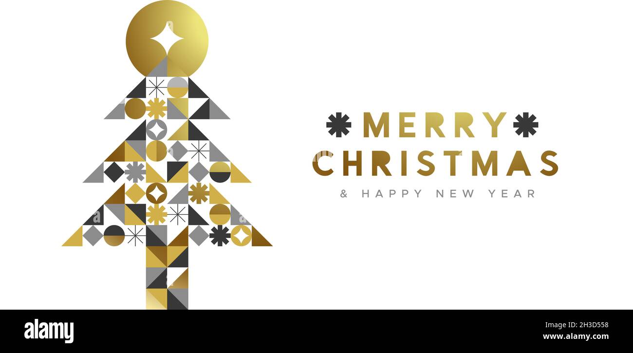 Frohe Weihnachten Glückliche Neujahrskarte Illustration des modernen Gold-Kiefer-Mosaik mit geometrischer Form in abstraktem skandinavischen Stil. Elegant Stockfoto