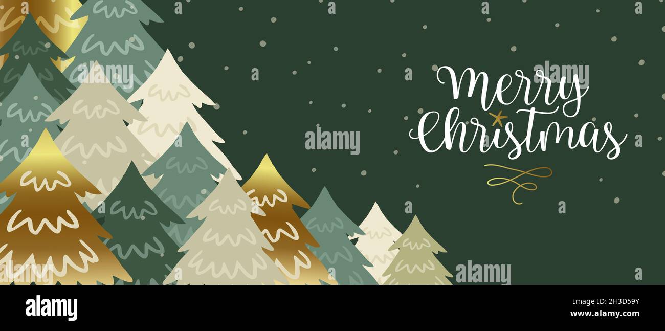 Fröhliche Weihnachten Web-Banner Illustration von festlichen Kiefernwald in handgezeichneten Stil. Weihnachten Cartoon-Design für Jahreszeiten Grüße oder Party-Einladung Stockfoto
