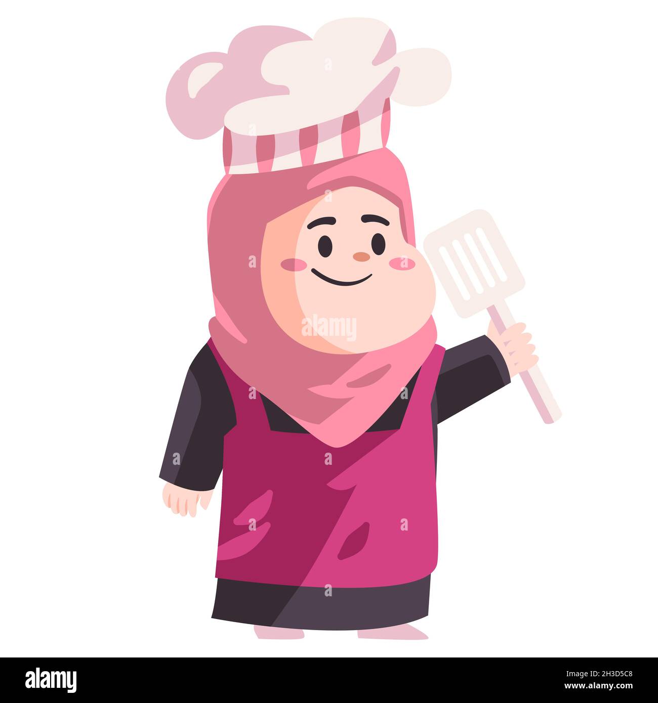 Muslimische Frau mit rosa Schürze Hijab und Hut halten auf Kochutensilien moderne Farbe isoliert Hintergrund Vektor Illustration Stock Vektor