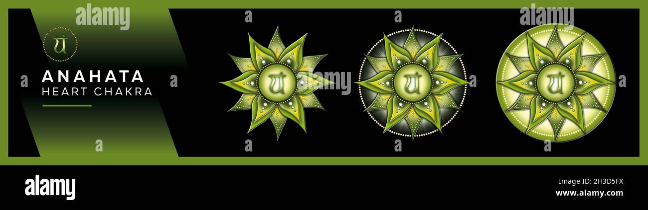 Chakra Symbole, Herz Chakra - ANAHATA - Akzeptanz, Liebe, Mitgefühl, Aufschrift - 'Ich LIEBE' Stockfoto