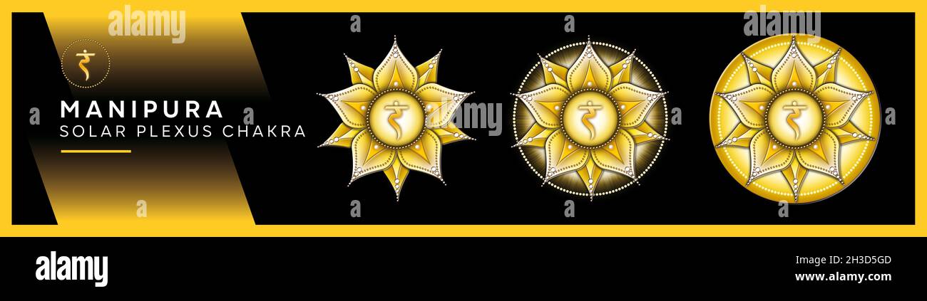 Chakra-Symbole, Solar Plexus Chakra - MANIPURA - Stärke, Persönlichkeit, Macht, Entschlossenheit - 'Ich TUE' Stockfoto