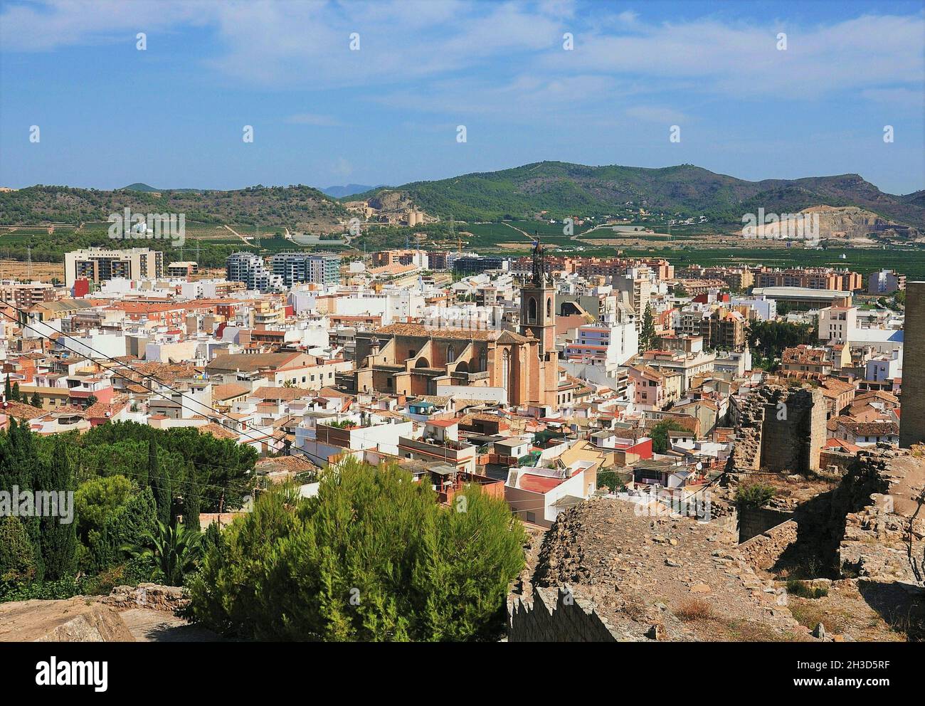 Panoramica von Sagunto in der Provinz Valencia, Bundesland Valencia, Spanien Stockfoto