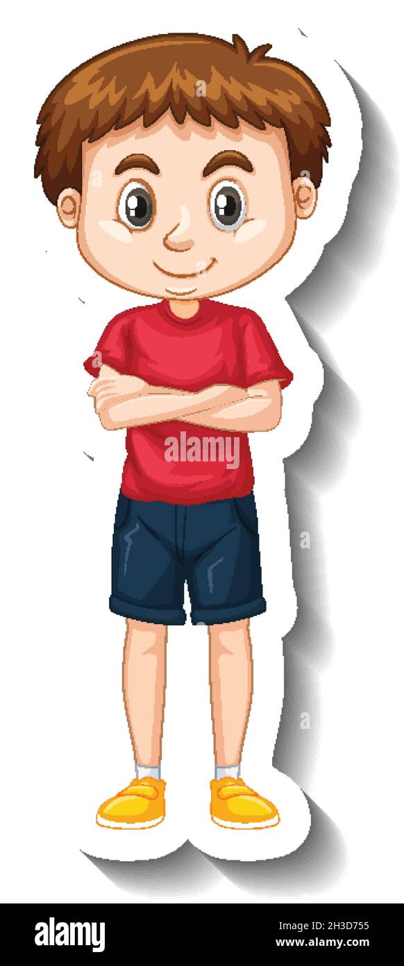 Ein Junge trägt rote T-Shirt Cartoon Charakter Aufkleber Illustration Stock Vektor