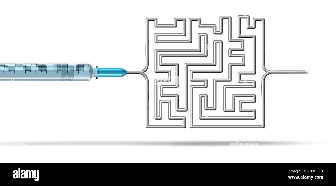 Impfherausforderungen und Herausforderungen im Gesundheitswesen oder Probleme im Gesundheitswesen als Spritze in Form eines komplizierten Labyrinths, das Kompli darstellt Stockfoto