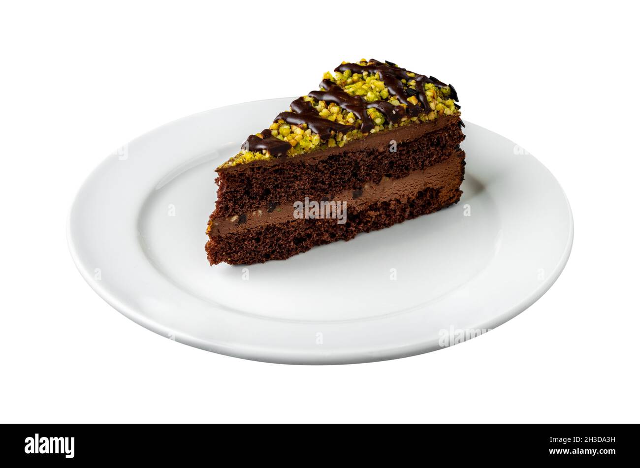 Köstliche Schokolade und Pistazien-Kuchen auf isoliertem weißem Hintergrund Stockfoto