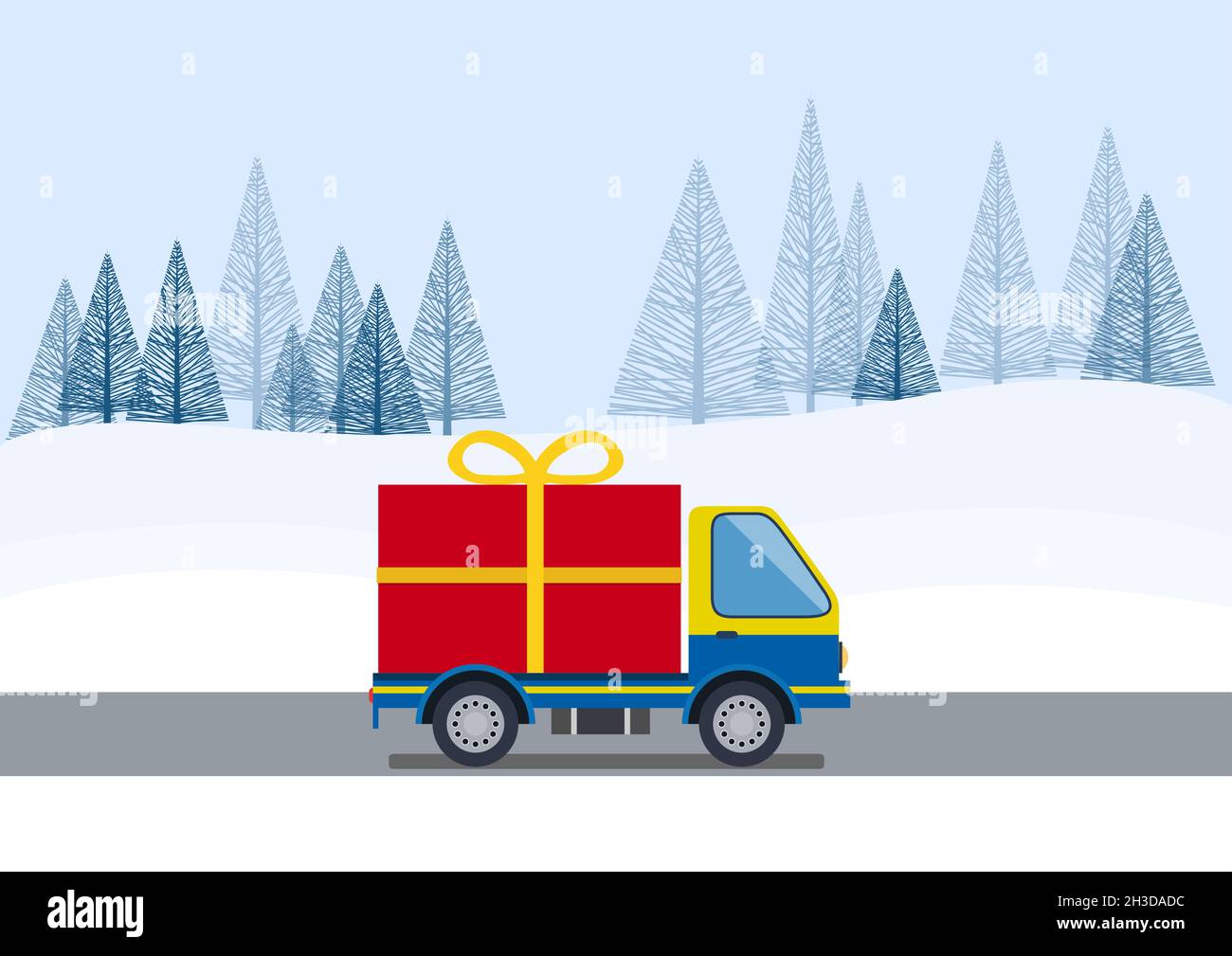 Weihnachtseinkäufe. Große Geschenkpakete auf einem LKW auf der Straße, um die Box auf die Winterlandschaft zu liefern. Versand und Lieferung von Online-Kauf. Vektor Stock Vektor