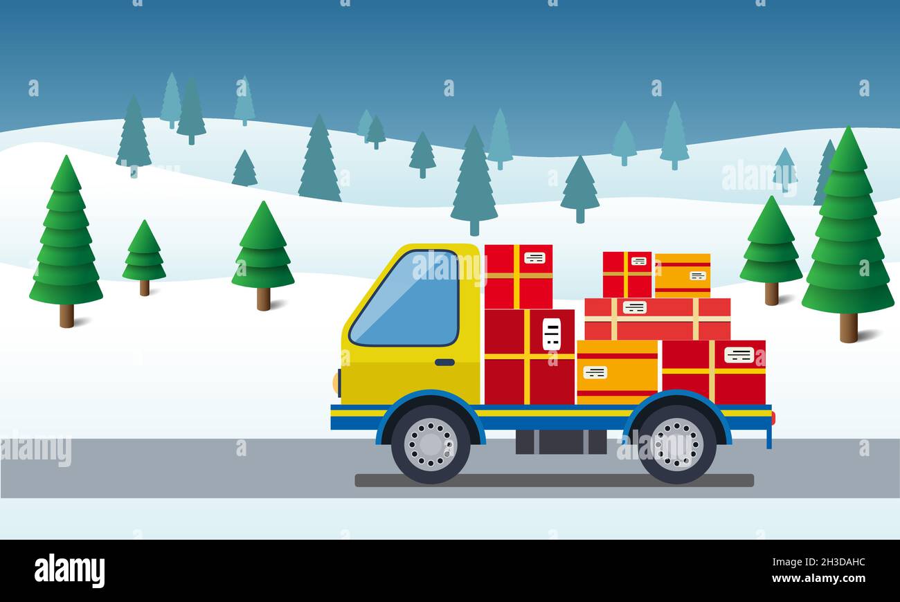 Weihnachtseinkäufe. Geschenkpakete auf einem LKW auf der Straße, um die Boxen auf Winterlandschaft zu liefern. Versand und Lieferung von Online-Kauf. Vektor-il Stock Vektor