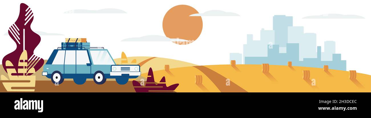 Ländliche Sommerlandschaft. Ein Auto fährt die Straße entlang. Vektorgrafik. Horizontales Format Stock Vektor