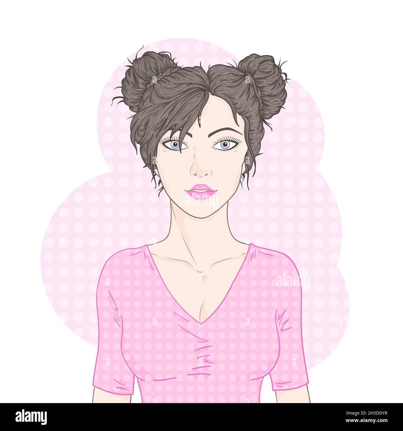 Vektor-Illustration einer schönen jungen Frau mit modernen hohen Frisur auf weißem Hintergrund. Farbiger Bildausschnitt. Stock Vektor