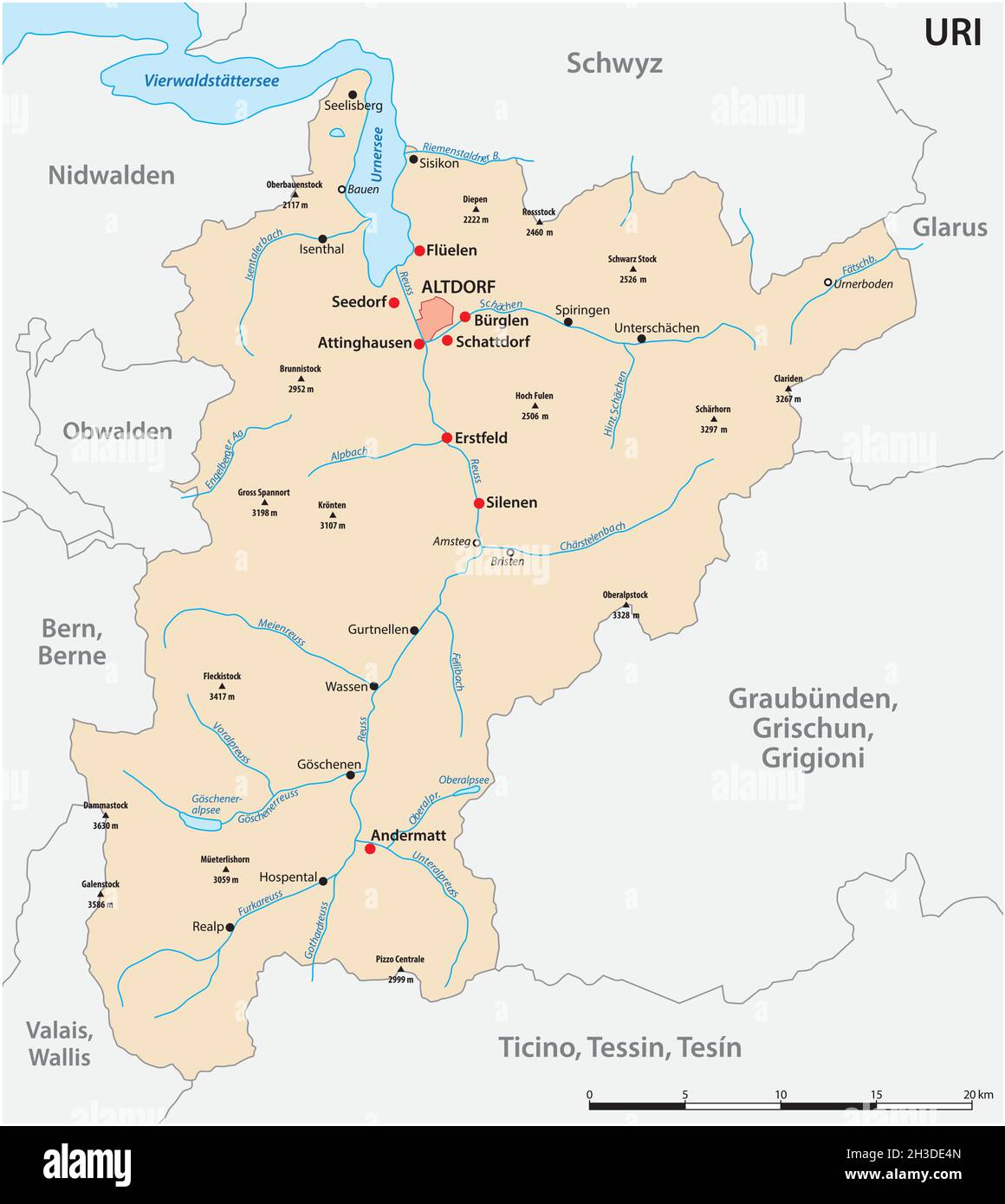 vektorkarte des Schweizer Kantons Uri mit den wichtigsten Städten Stock Vektor