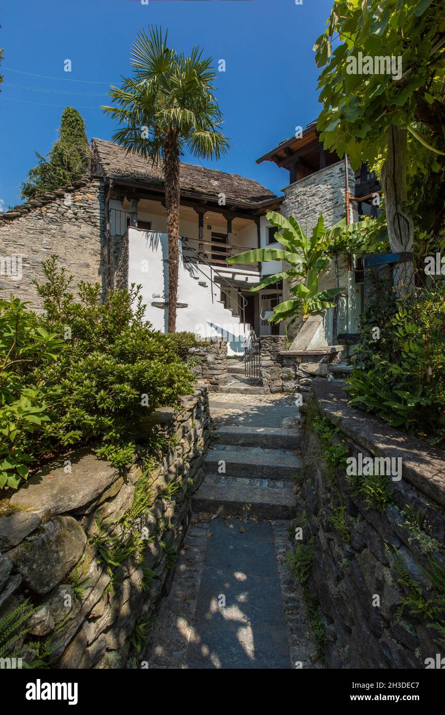 Außenansicht eines typischen Tessiner Hauses, in der Schweiz, im Kuleo des Dorfes Avegno. Es ist Sommer und es gibt eine gewisse Ruhe der Surr Stockfoto