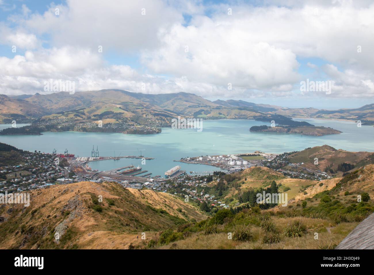 Blick über den Hafen von Lyttelton von der Spitze der Christchurch Gondel Stockfoto