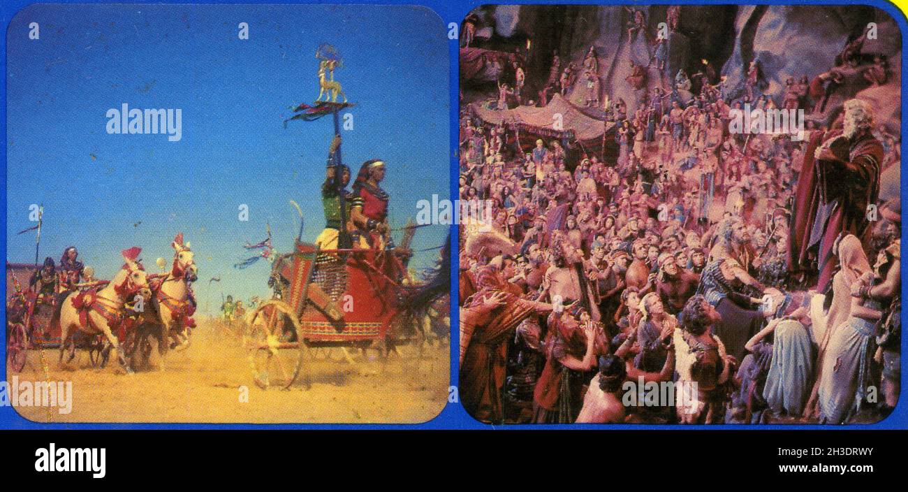 Ausschnitt aus dem Rückcover eines Super 8 Fillms des MGM-Films The Ten Commandments von 1956 mit Charlton Heston und Yul Brynner. Stockfoto