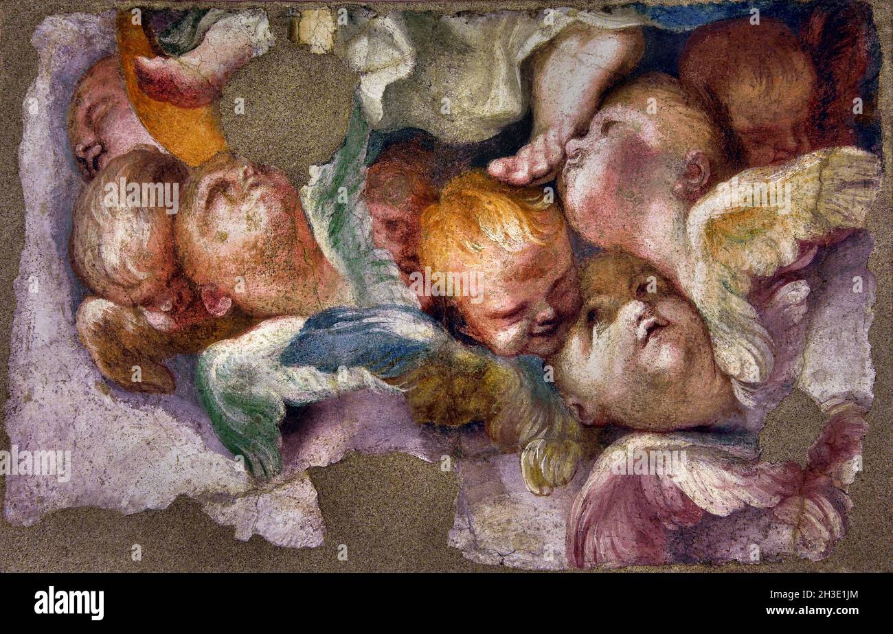 Sette teste di cherubini ai piedi della Vergine - Sieben Köpfe der Cherubim zu Füßen der Jungfrau von Domenico Piola (1627–1703) Fresko Italien, Italienisch, Stockfoto