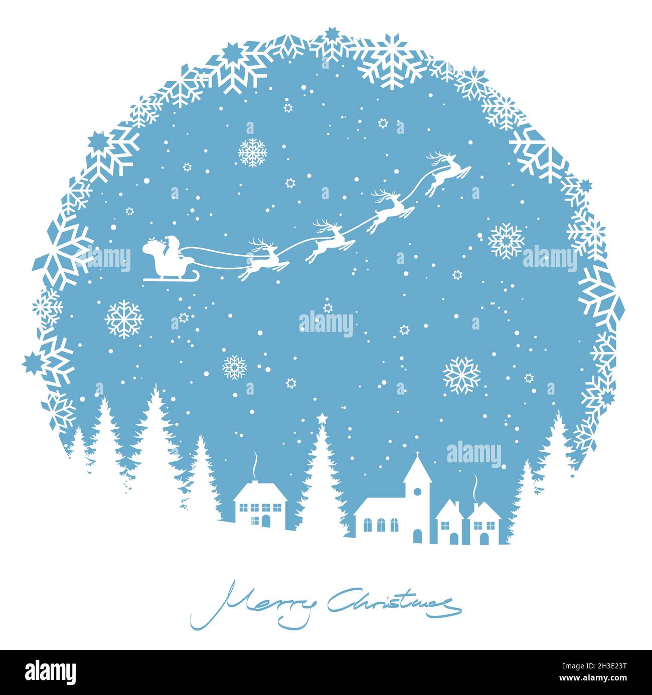 EPS 10 Vektordatei mit rundem Schneeflocken-Fenster zum weihnachtsfest-Hintergrund mit typischen Weihnachtselementen, Schneefall und farbigem Hintergrund mit Flyin Stock Vektor