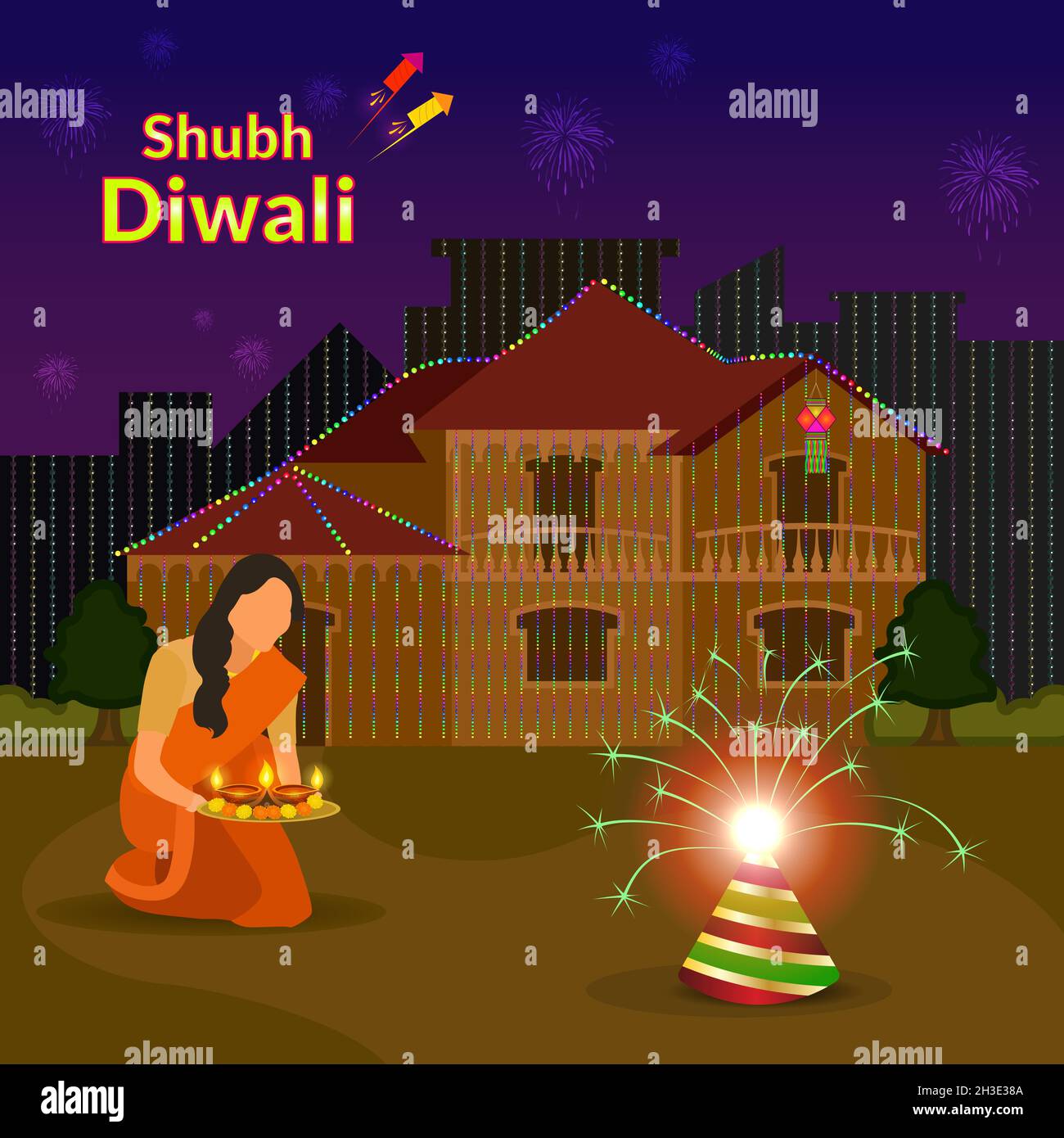 Schöne süße Haus mit dekorativen Lichtern auf dem Festival von Diwali dekoriert. Indische Frau feiert diwali mit Diya. Stock Vektor