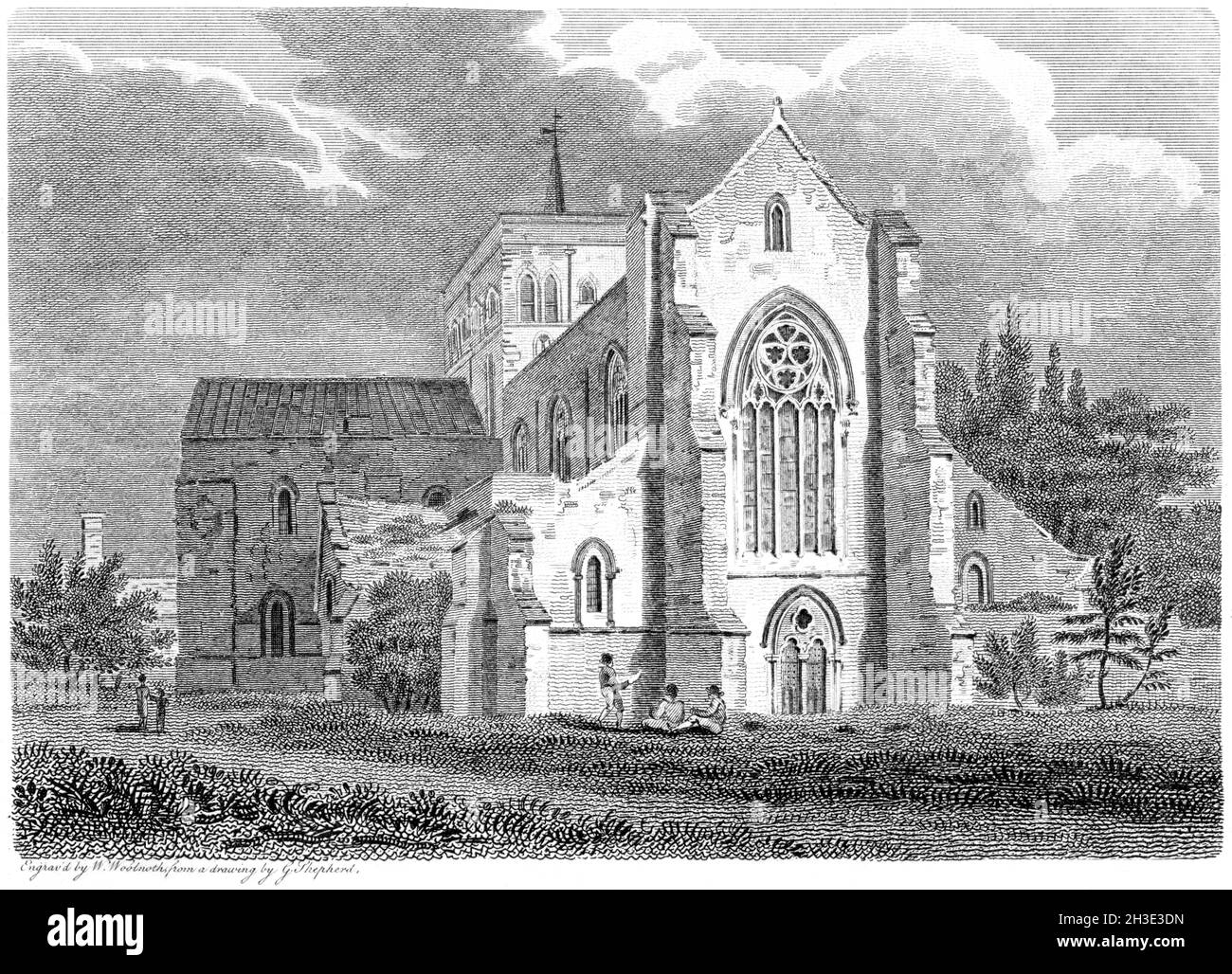 Ein Stich der Church of St. Cross, Winchester, Hampshire UK, gescannt in hoher Auflösung aus einem Buch, das 1812 gedruckt wurde. Für urheberrechtlich frei gehalten. Stockfoto