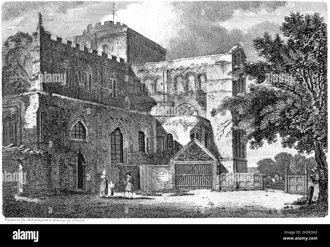 Ein Stich der Rumsey Church (Romsey Abbey), Hampshire UK, gescannt in hoher Auflösung aus einem Buch aus dem Jahr 1812. Für urheberrechtlich frei gehalten. Stockfoto
