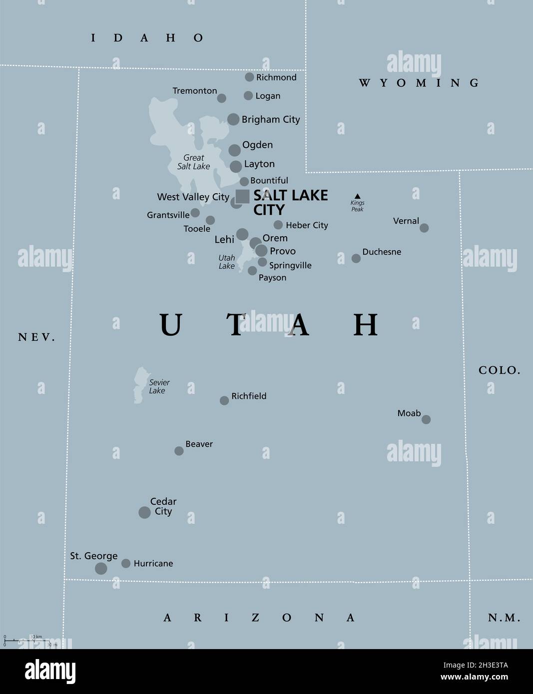 Utah, Utah, graue politische Karte, mit der Hauptstadt Salt Lake City. Staat in der Unterregion Mountain West der westlichen Vereinigten Staaten von Amerika, Beehive State. Stockfoto