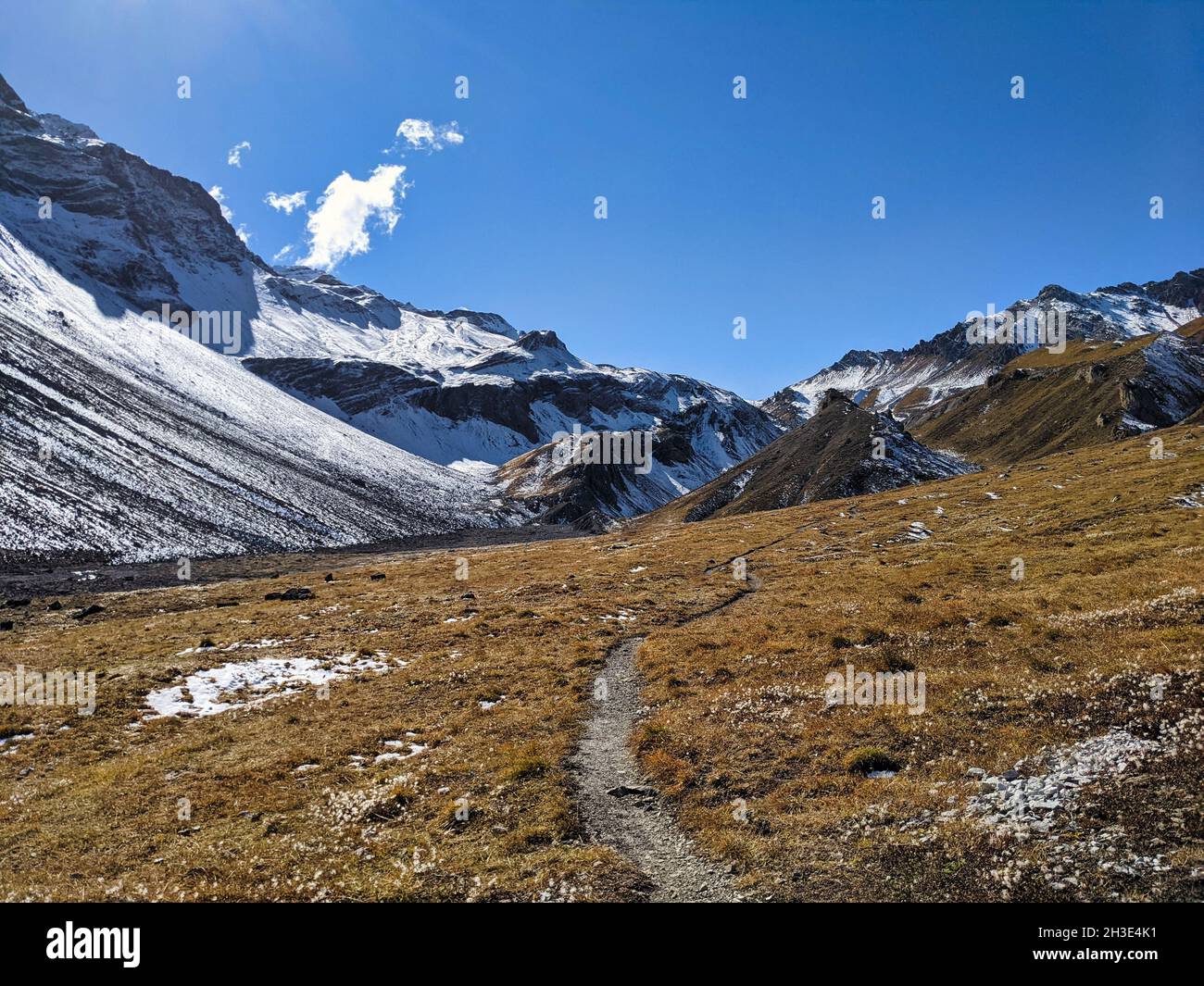 Wanderung im Herbst im Kanton graubünden. Schneebedeckte Berge und wunderschöne Felder im Sonnenschein. Alp.Ducan, Davos Stockfoto