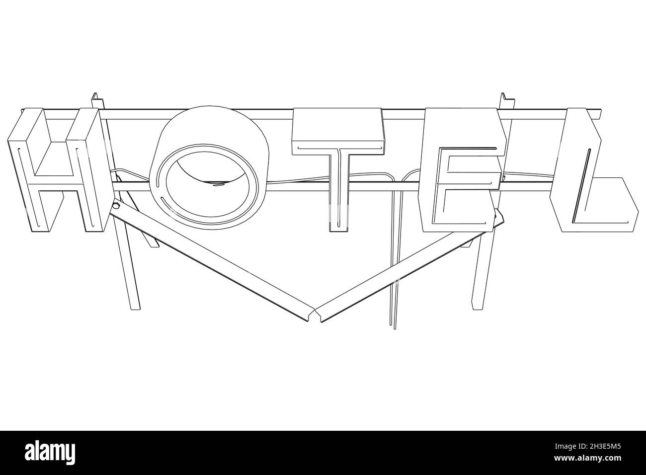 Kontur eines Werbeträgers mit dem Wort Hotel aus schwarzen Linien isoliert auf weißem Hintergrund. Blick von oben. Vektorgrafik Stock Vektor