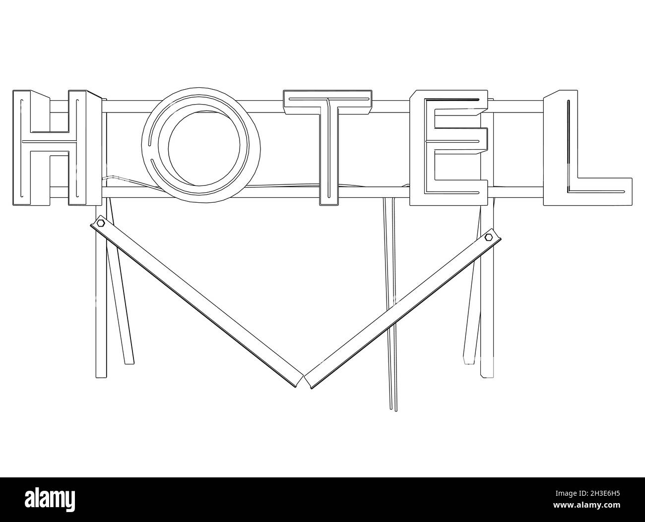 Kontur eines Werbeträgers mit dem Wort Hotel aus schwarzen Linien isoliert auf weißem Hintergrund. Vorderansicht. Vektorgrafik Stock Vektor