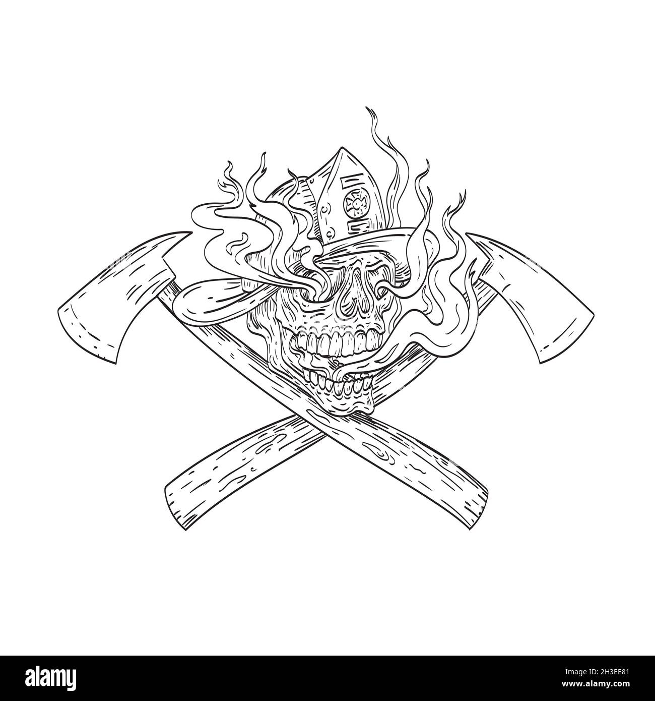American Fireman Skull trägt Feuerwehrmann Helm Hut mit gekreuzten Feuer Axe Rauch Tattoo Zeichnung Stockfoto
