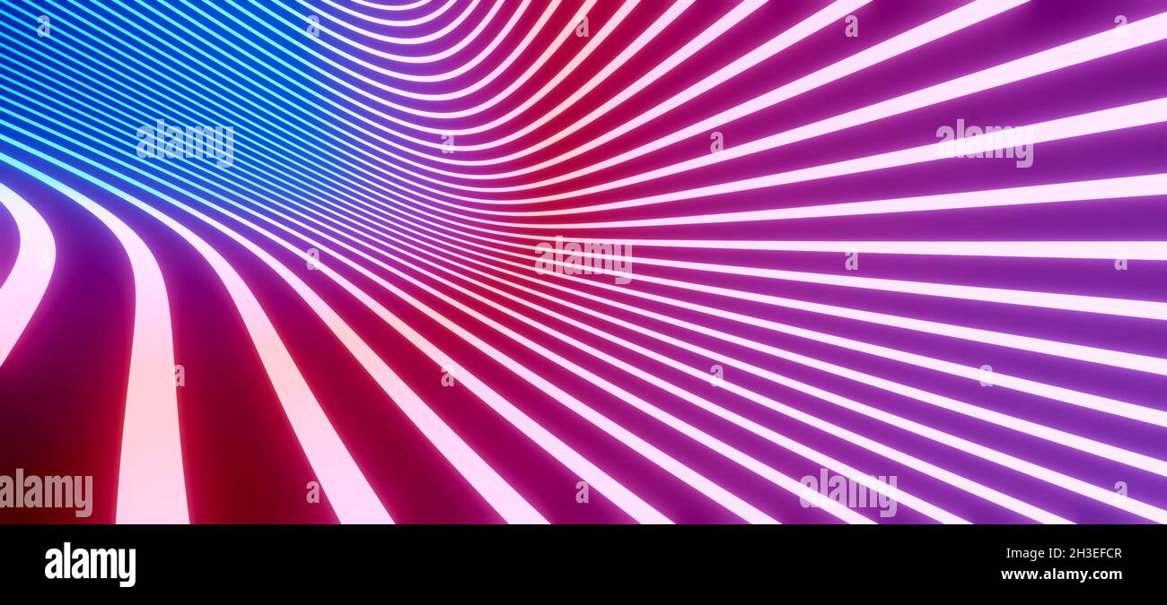 Leuchtend blaue und pinke neonfarbene Streifen oder verjüngende Linien mit Kurven. Abstrakter futuristischer Hintergrund oder Tapete. Stockfoto