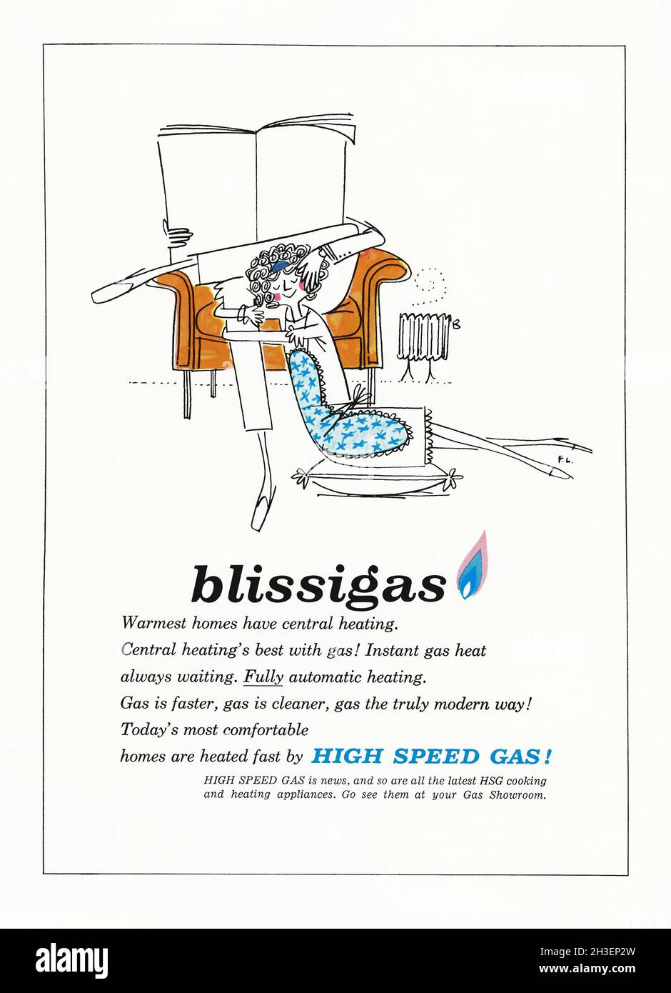 Eine Anzeige der 1960er Jahre für die Gaszentralheizung ‘Blissigas’ für das Haus. Die Anzeige erschien in einer Zeitschrift, die im Oktober 1962 in Großbritannien veröffentlicht wurde. Das Zeichentrickpaar entspannt sich in ihrem mit Heizkörper erwärmten Wohnzimmer. Die Kopie weist darauf hin, dass Gas damals als eine ‘sauberere’ Energieform angesehen wurde. Die Anzeige wurde vom Gas Council produziert, einer britischen Regierungsbehörde, die die Gasindustrie strategisch überwacht hat – klassische Grafiken aus den 1960er Jahren. Stockfoto