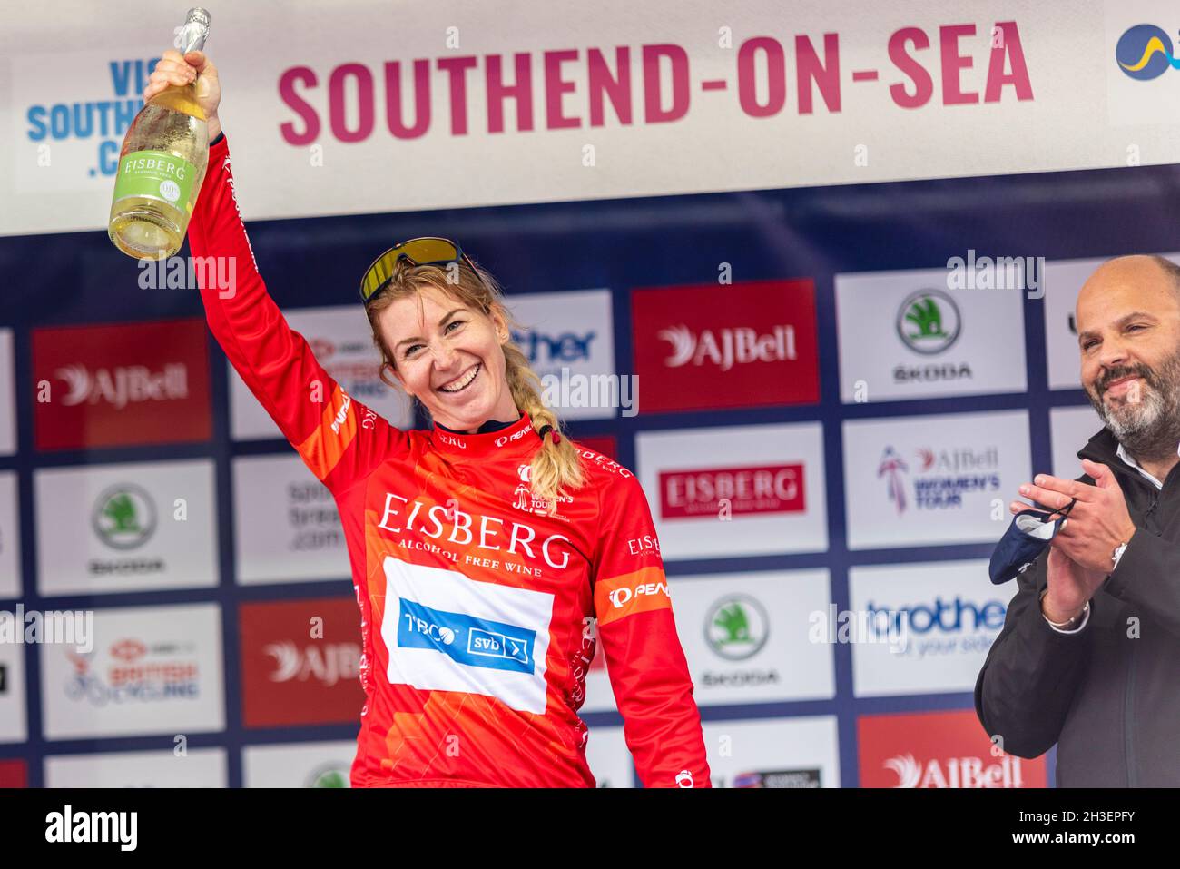 Nina Kessler vom Team TIBCO beim Radrennen der AJ Bell Women's Tour, Etappe vier, Southend on Sea, Essex, Großbritannien, Sieger des Eisberg Sprints Trikots Stockfoto