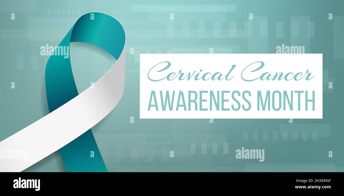 Banner für den Monat der Sensibilisierung für Gebärmutterhalskrebs mit blauem und weißem Band und Text. Vektorgrafik. Stock Vektor