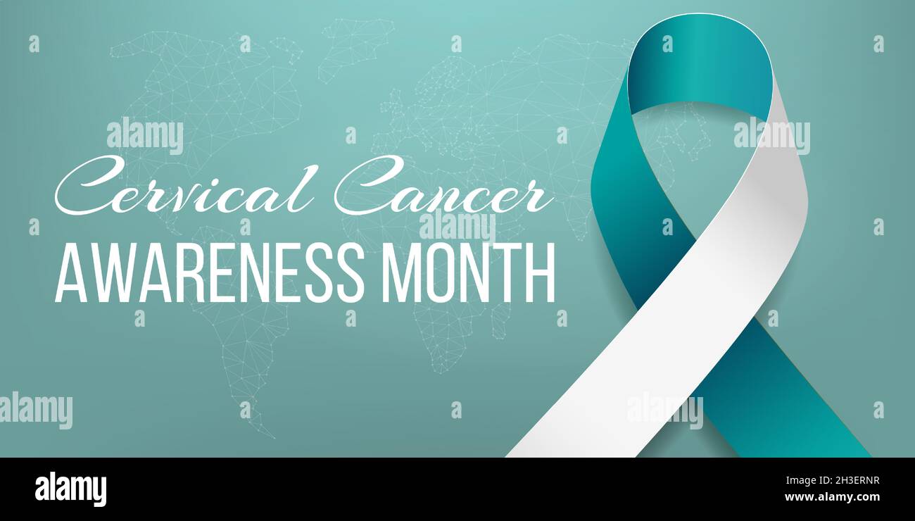 Banner für den Monat der Sensibilisierung für Gebärmutterhalskrebs mit blauem und weißem Band und Text. Vektorgrafik. Stock Vektor
