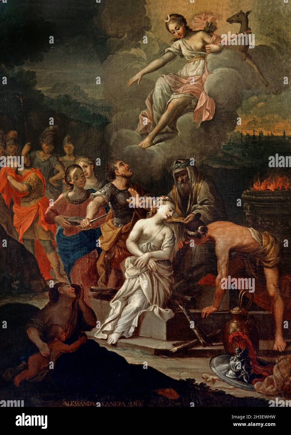 Il Sacrificio di Ifigenia - das Opfer von Ifigenia von Alessandro Canepa 1725-1770 Italien, Italienisch, ( das Opfer von Iphigenia von ihrem Vater Agamemnon. Die griechische Flotte wird in Aulis, Bewegung der Expeditionstruppe gegen Troja, bealmt, Agamemnon wird gesagt, dass er Iphigenie der Göttin Artemis opfern muss, was das schlechte Wetter verursachte.) Stockfoto