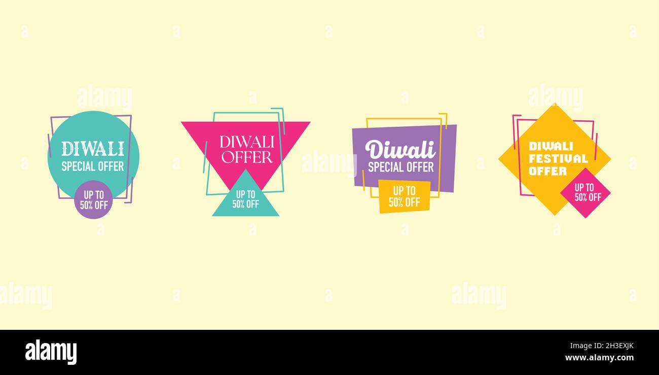 Diwali Sale Tags Set Vektor-Abzeichen Vorlage bis zu 50 % Rabatt. vektor-Illustration, Logo-Design, Angebot, modernes Logo, Zeichen, Symbol, Aufkleber, Etikett. Stock Vektor