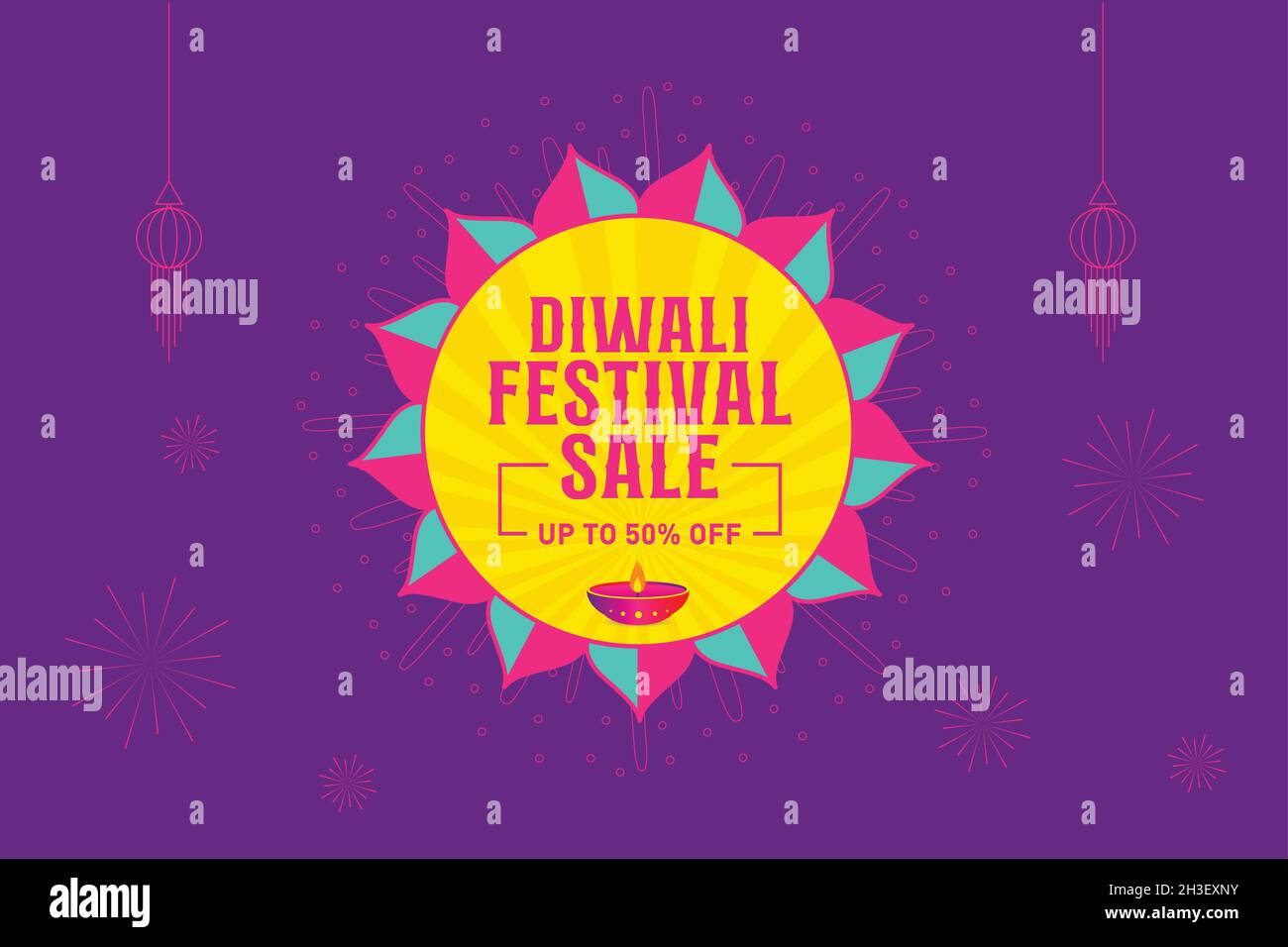 Happy Diwali gewährt bis zu 50% Rabatt auf Banner mit aufgehängter Lampe und glänzenden Grafiken. Indisches Festival des Lichts, Verkaufsangebot, Logo-Design, Aufkleber, Konzept. Stock Vektor