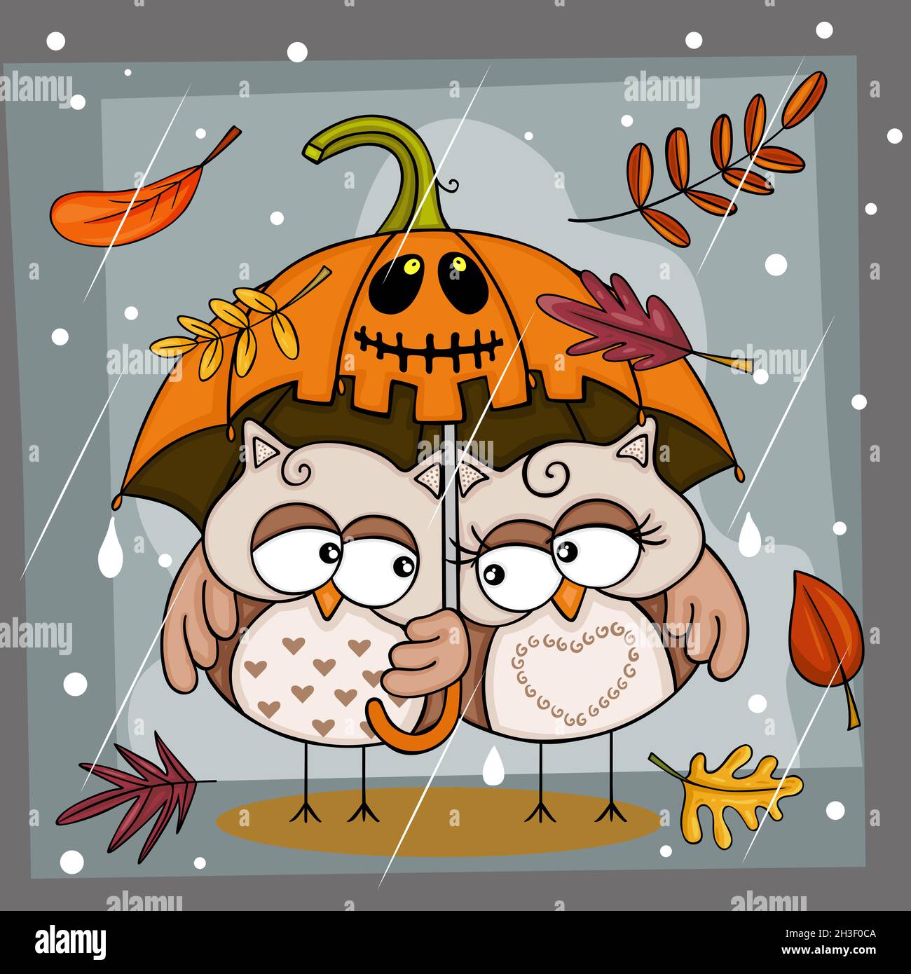 Lustige Illustration des Regens an Halloween mit paar Eulen unter Kürbisschirm Stockfoto