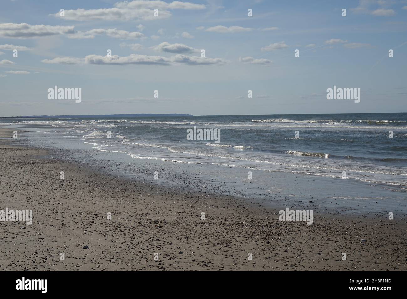 Blick nach Süden über Jammerbugt am Blokhus Strand (Blokhus Beach) an einem sonnigen Tag, Nordjütland, Dänemark Stockfoto