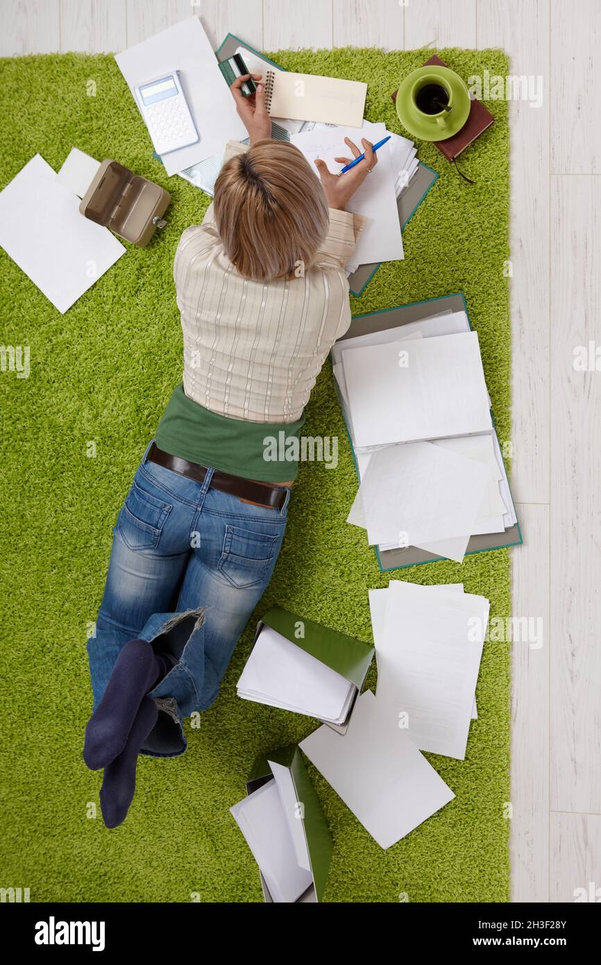 Frau, die finanzielle Berechnungen anführt Stockfoto