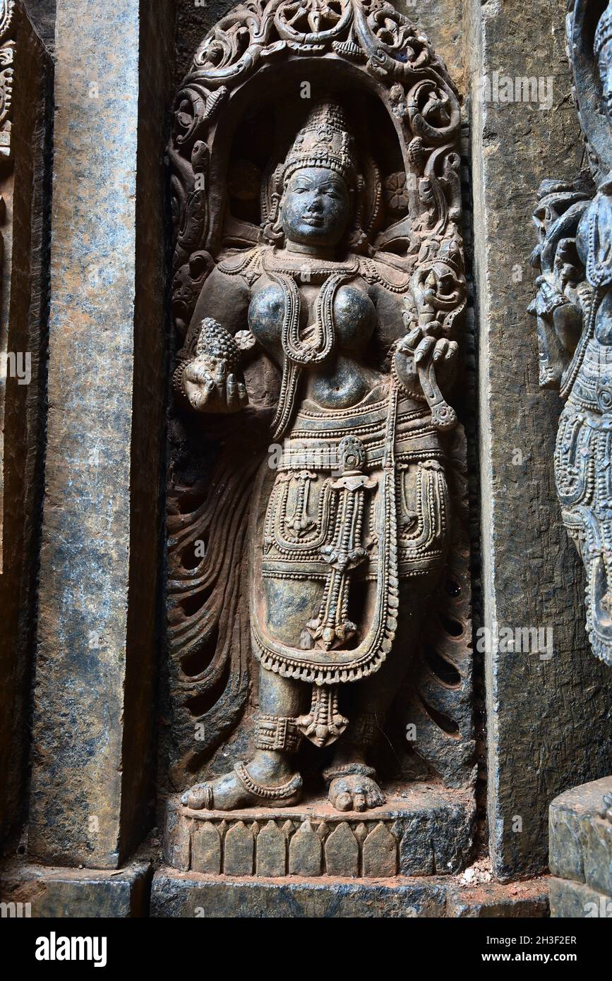 Steinschnitzerei des hinduistischen gottes am chennakeshava Tempel, somnathpur, mysore, indien Stockfoto
