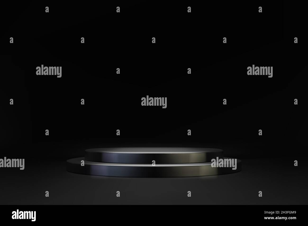 Minimale 3D-Szene mit schwarzem Doppelzylinder-Podium auf dunklem Hintergrund. Leere Bühne für Produktpräsentation. Realistische Vektorplattform mit freiem Platz Stock Vektor