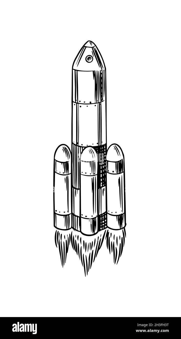 Raketenstart in den Himmel. Space Shuttle hebt ab. Astronomische Astronautenforschung. Eingraviert handgezeichnet in alter Skizze, Vintage-Stil für Etikett Stock Vektor