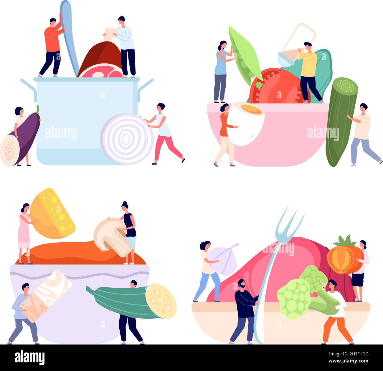 Kleine Leute, die kochen. Gemüseprodukte, Kochen Sie frische Mahlzeit nach Rezept. Person bereiten Suppe und Fisch, gesunde Ernährung im Restaurant äußern Vektorszenen Stock Vektor